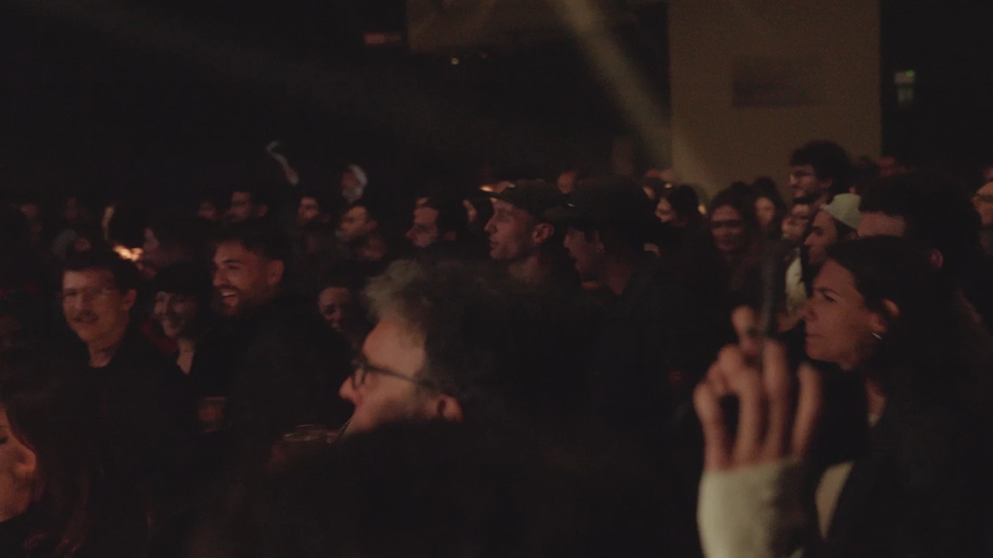 Audience crowd watching the stage in a dark concert hall.