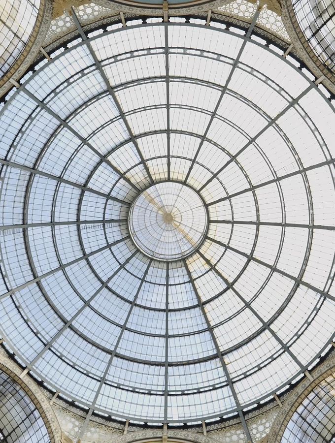 Glass dome ceiling structure of the Galleria Vittorio Emanuele II in Milan.