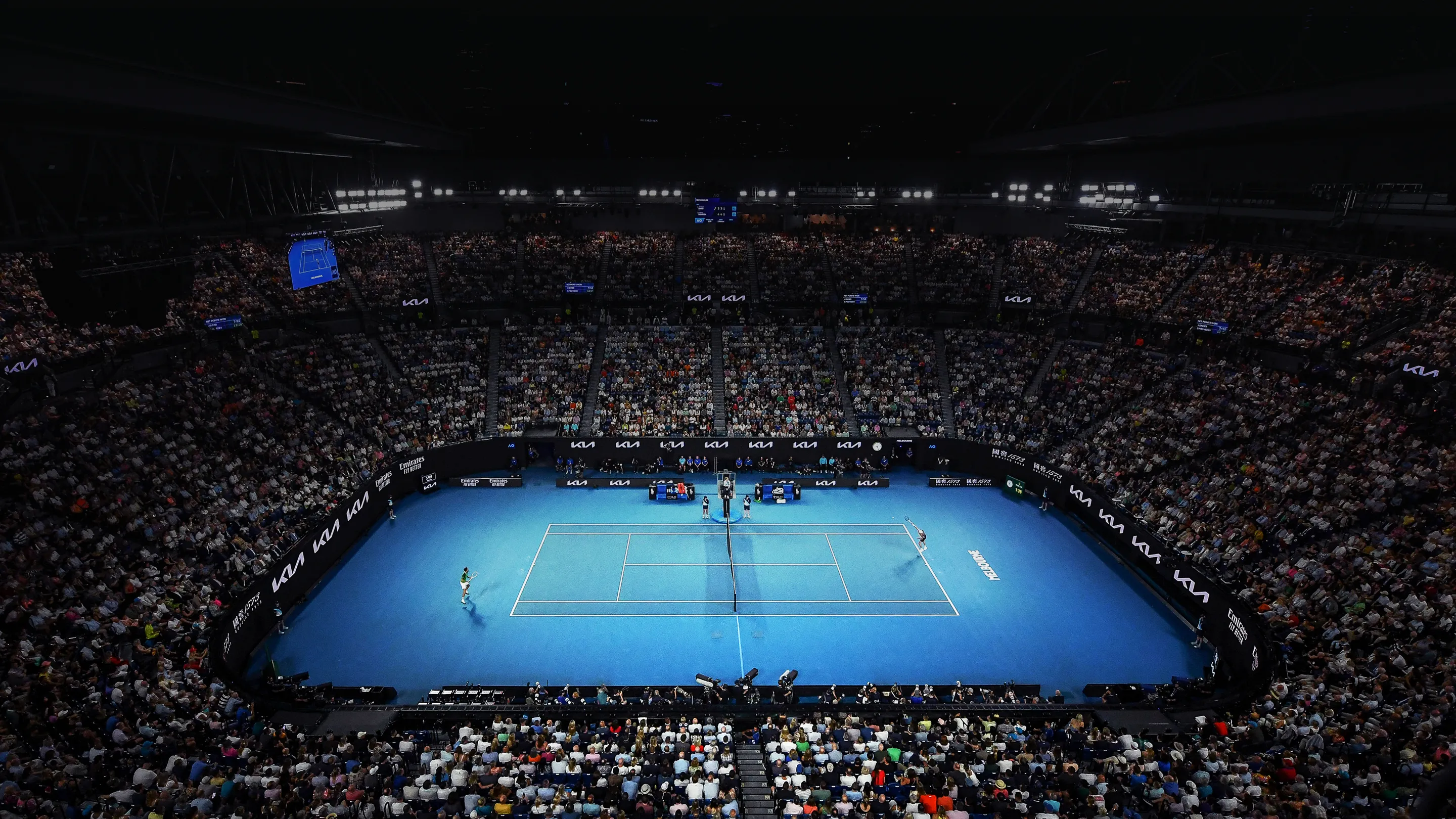 Panoramic night view of the AO tennis stadium