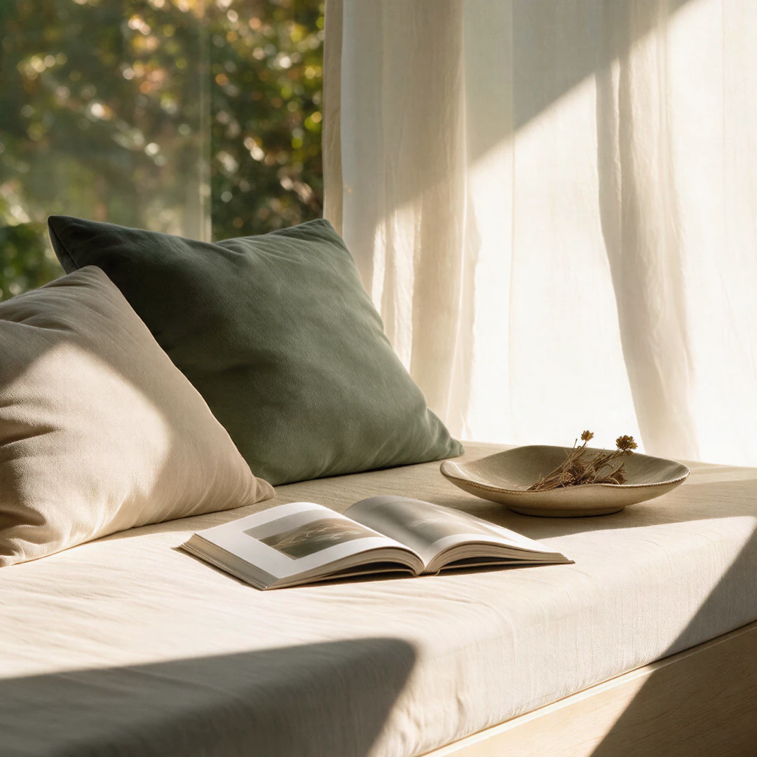 A sunlit bedroom with an open book
