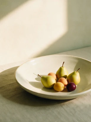 Fruit arranged on a plate on a sunlit table