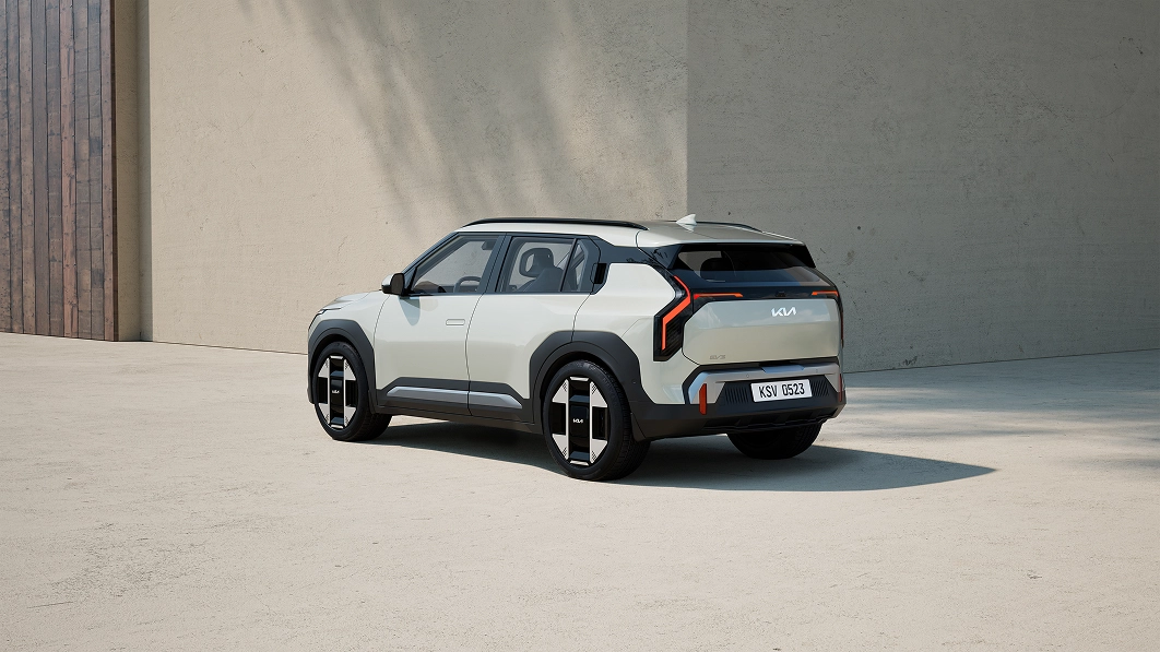 Rear view image of the Kia EV3, winner of the 2025 Red Dot Design Award Best of the Best