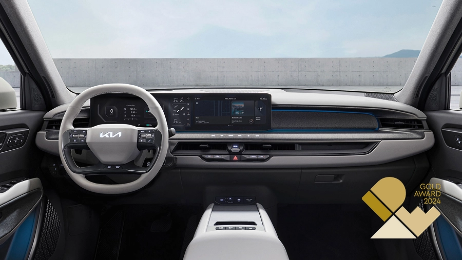 Interior view of the Kia EV9 featuring the panoramic display