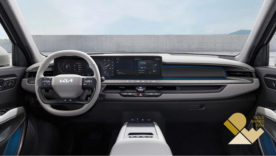 Interior view of the Kia EV9 featuring the panoramic display