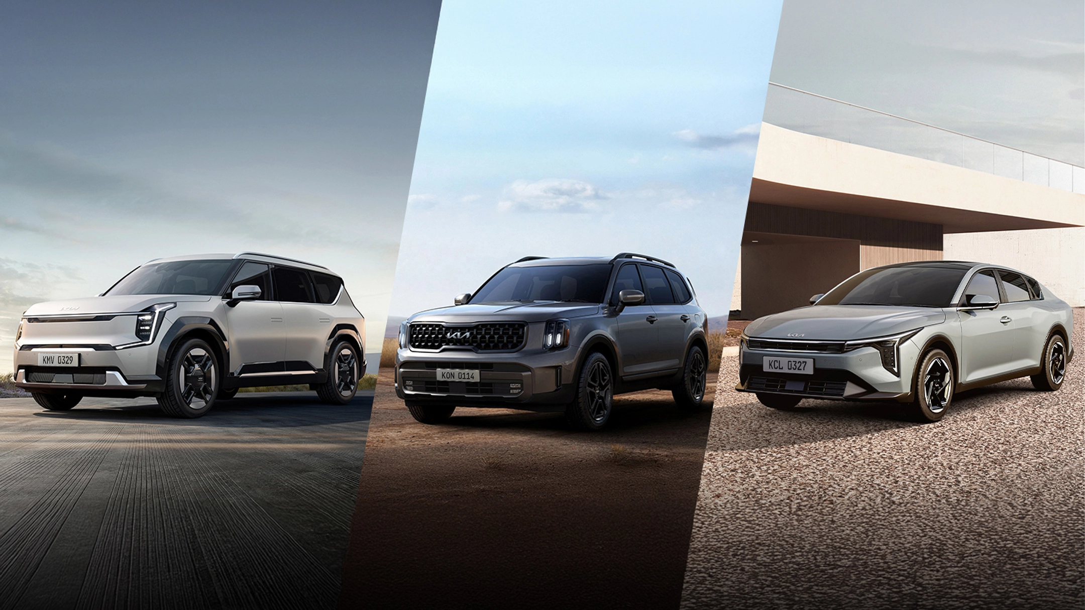 Image of the 2025 Kia EV9, Telluride, and K4 earning the 2025 TOP SAFETY PICK+ rating from the Insurance Institute for Highway Safety (IIHS)