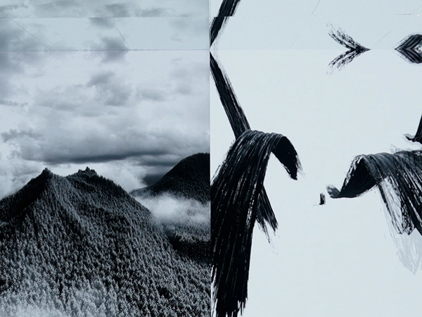 Media screen juxtaposing natural landscape footage and abstract brushstroke imagery.