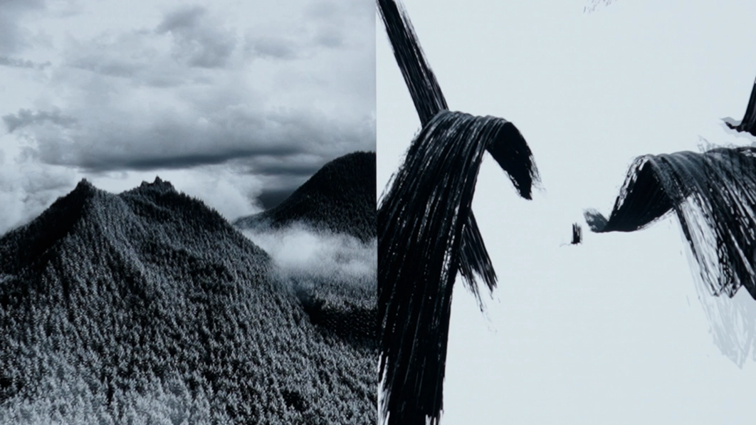 Media screen juxtaposing natural landscape footage and abstract brushstroke imagery.