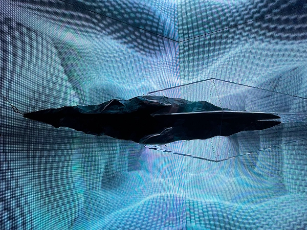 Installation with a floating black abstract structure within a digital grid at the DDP solo exhibition.
