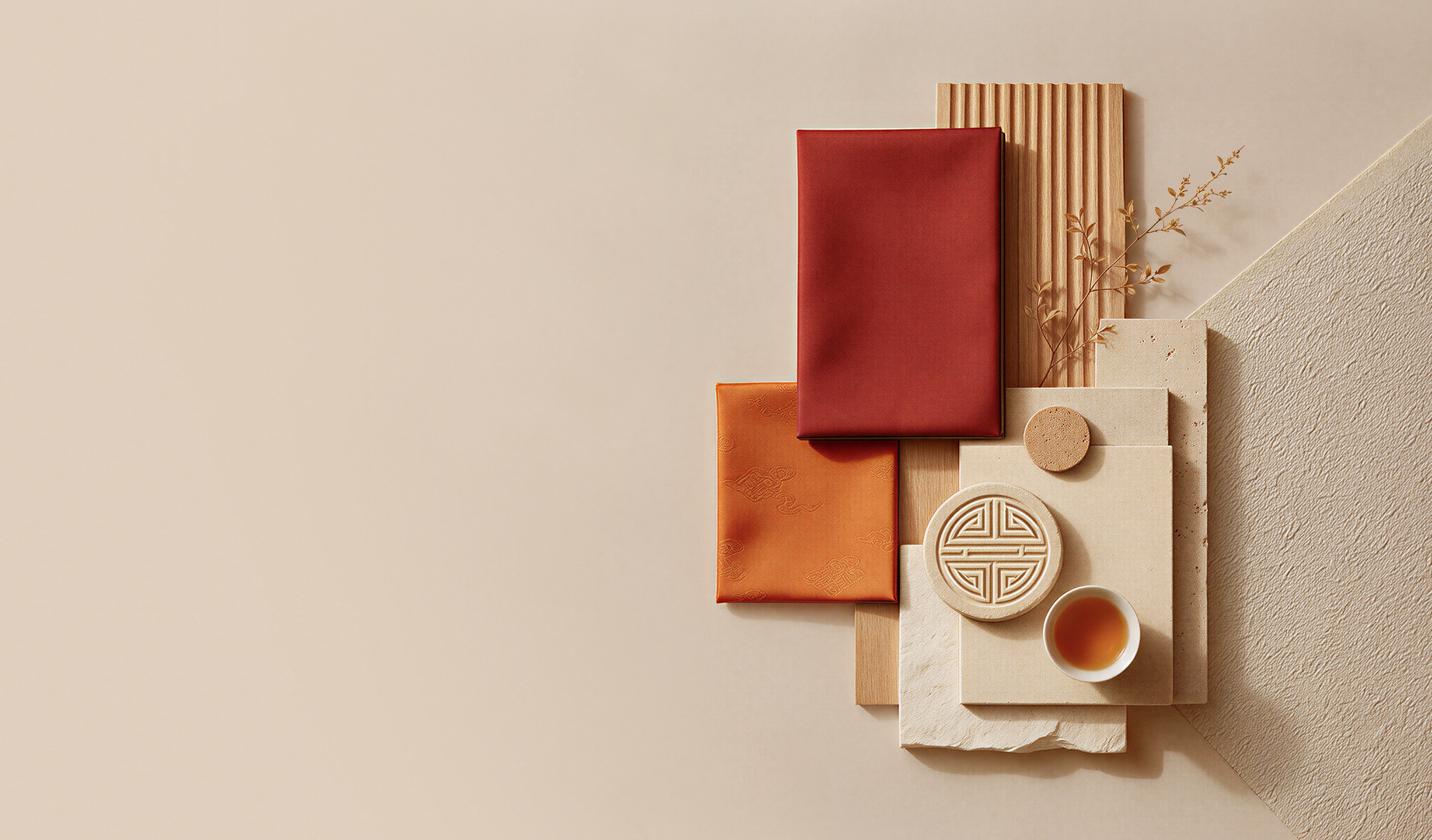 Image of a CMF design composition combining colors and materials inspired by traditional Chinese culture