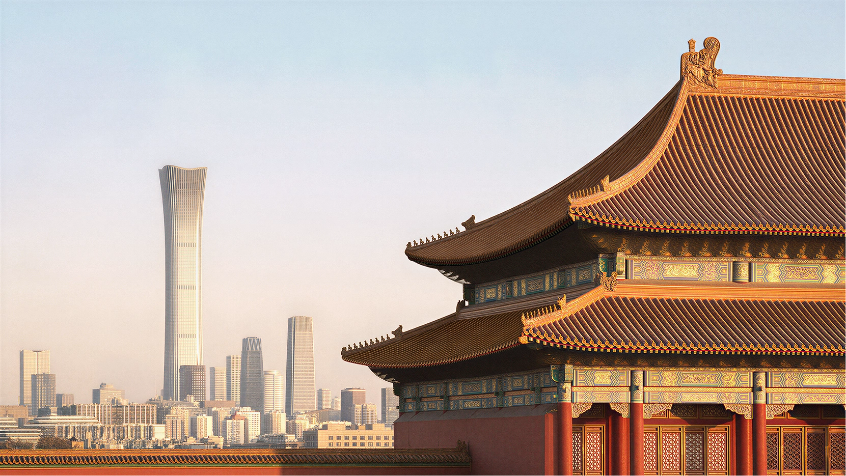 Image of the Forbidden City and the modern city skyline in Beijing, China