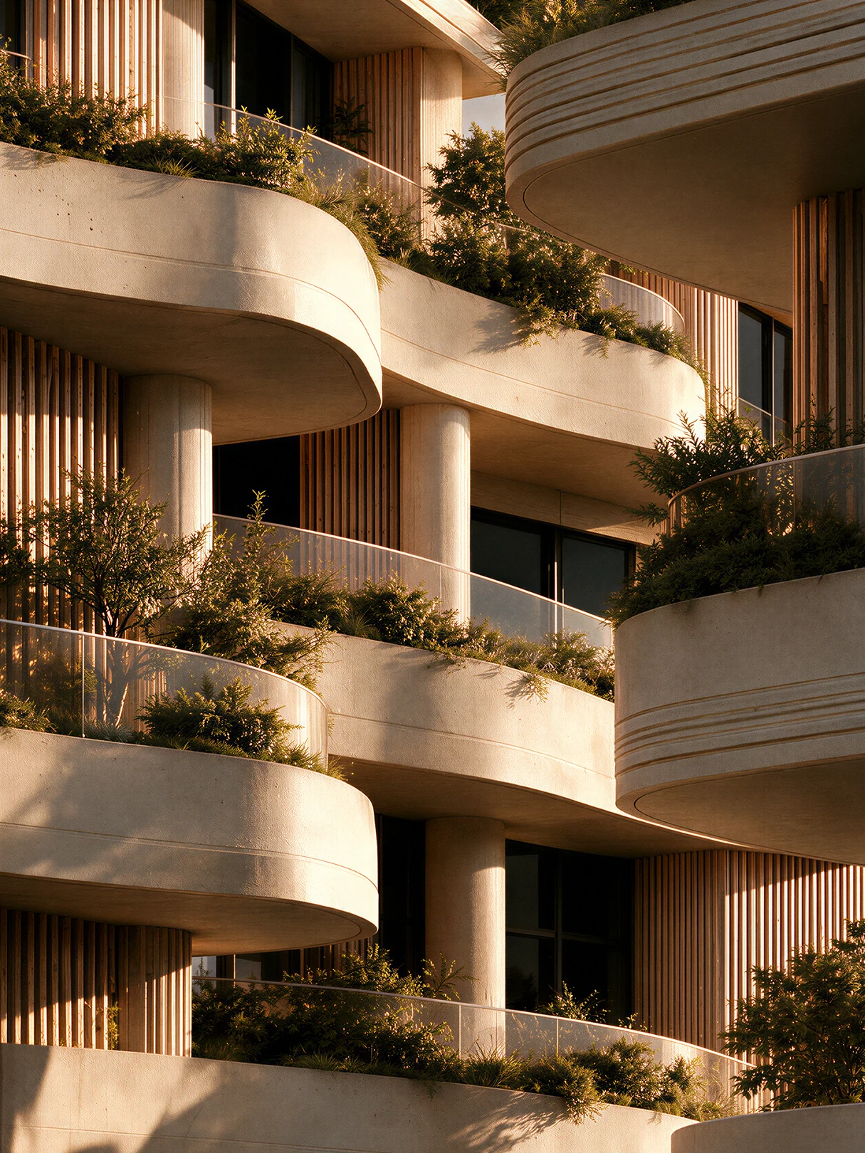 Image of futuristic forest architecture featuring curved balconies and lush greenery
