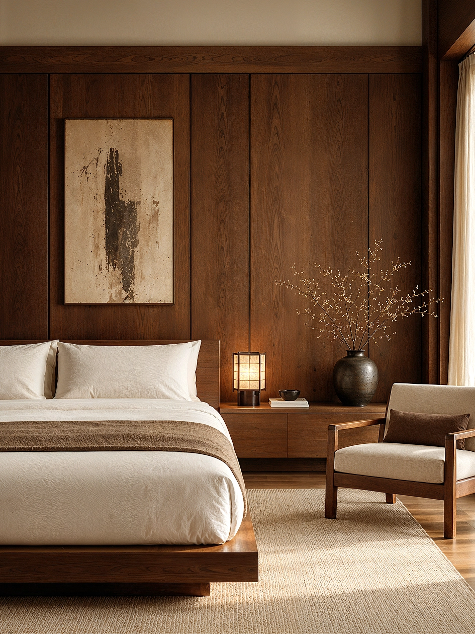 Image of a bedroom interior featuring wooden furniture and natural materials