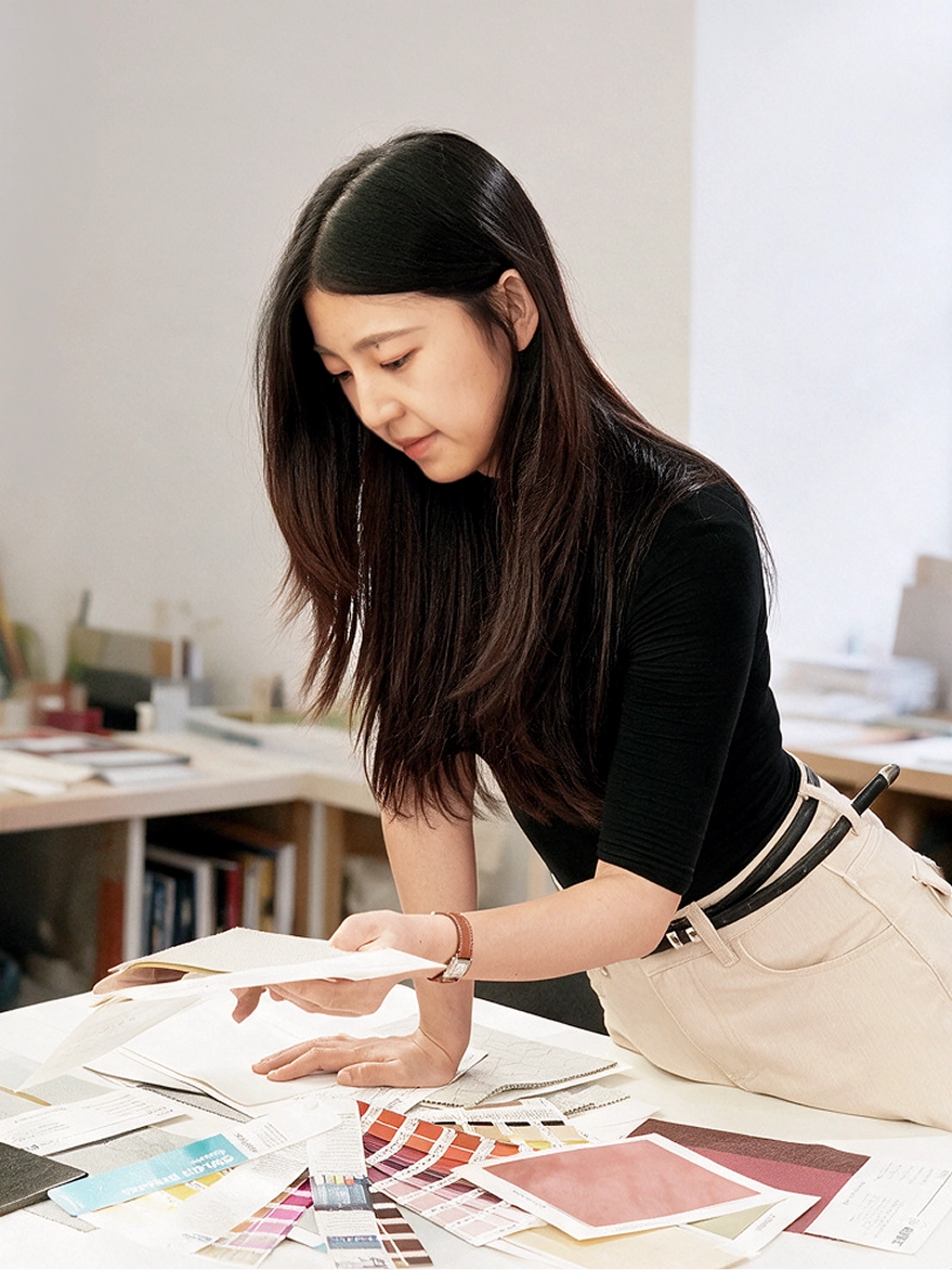 Image of Ma Jialu, CMF Designer at the Kia Design Team in China, examining color and material samples