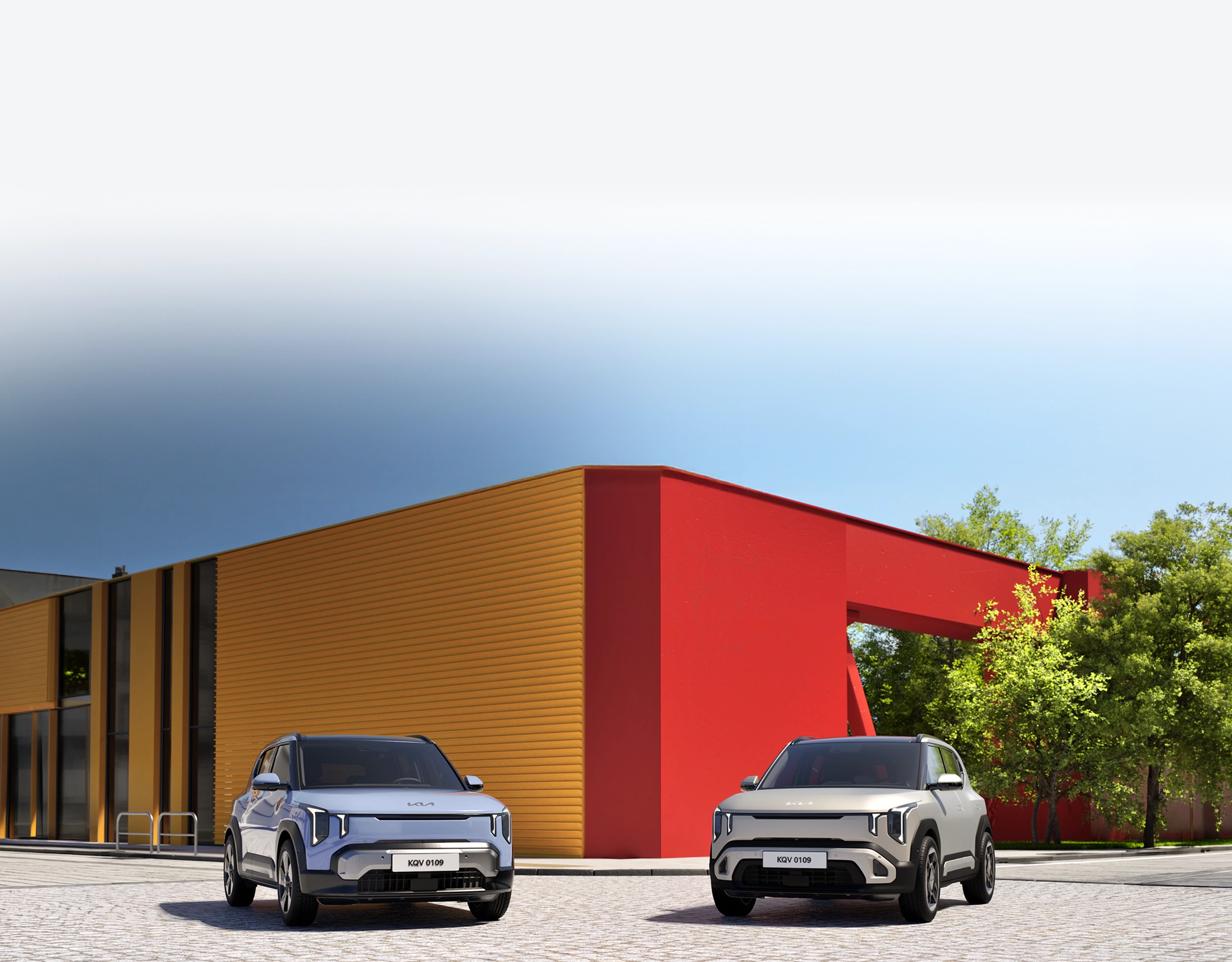 Image of Kia EV2 parked in front of architecture