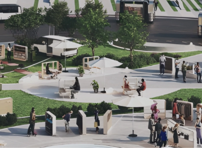 자율주행 차량과 보행자가 공존하는 스마트 교통 환경 이미지