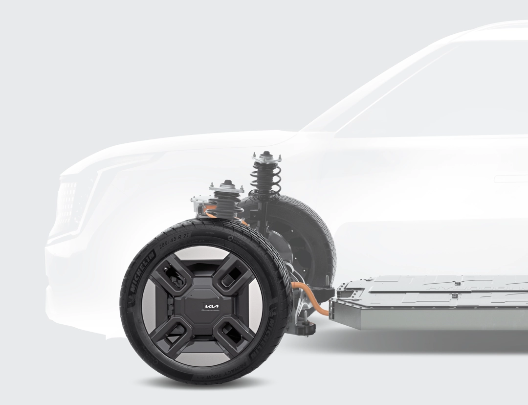 E-GMP 플랫폼 차량 구조 실루엣과 구동 모듈 이미지