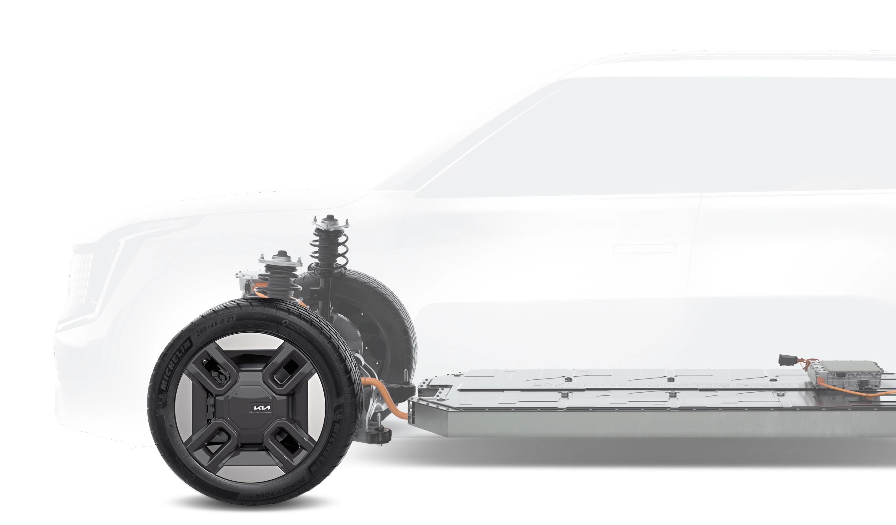 E-GMP 플랫폼 차량 구조 실루엣과 구동 모듈 이미지