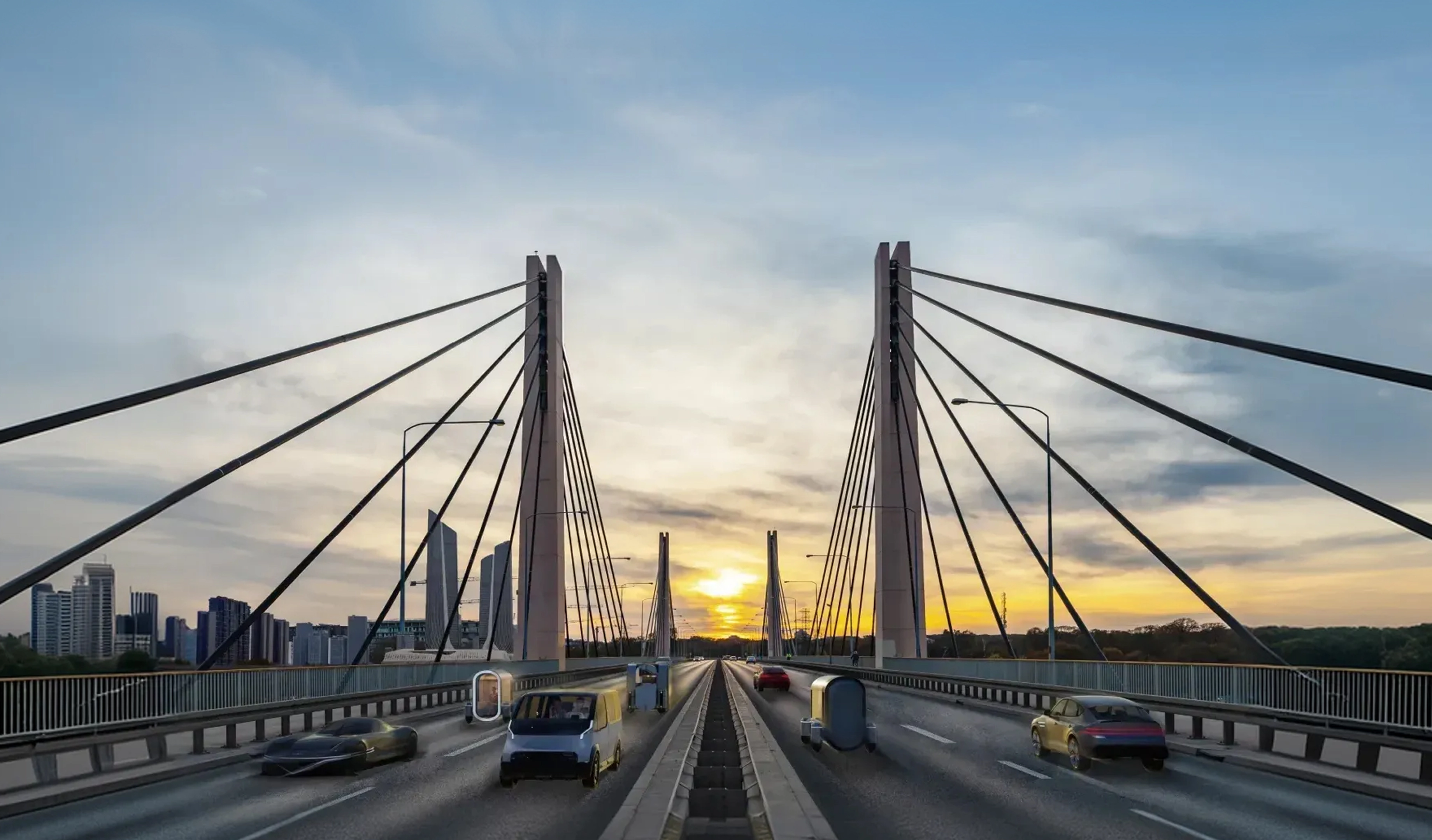 도심 교량 위를 기아의 미래 모빌리티가 주행하는 전경 이미지