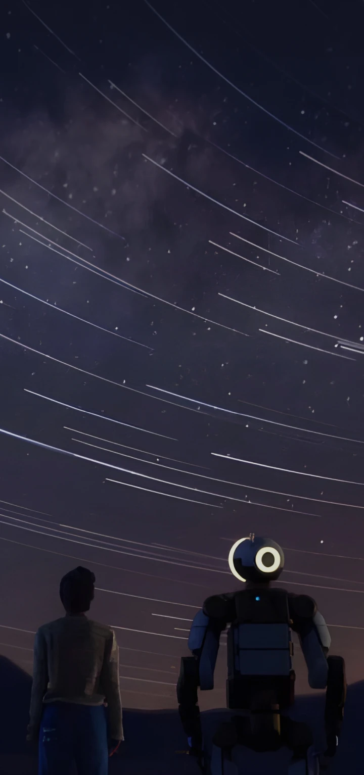 밤하늘 별 아래 서 있는 사람과 휴머노이드 로봇 아틀라스 이미지