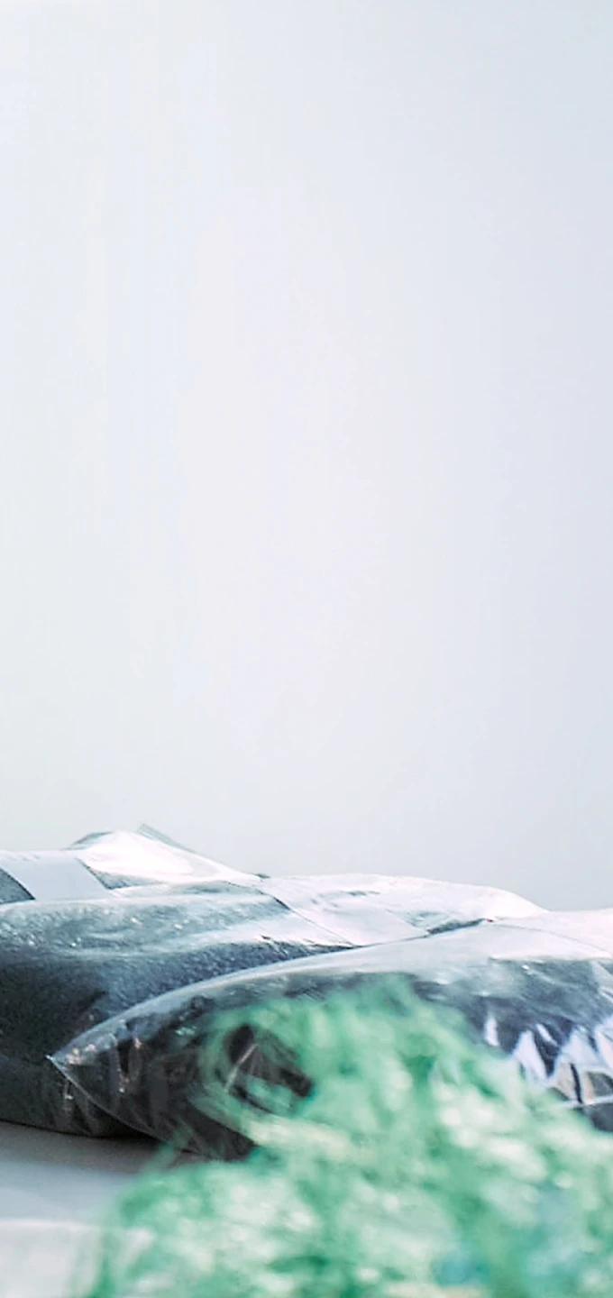 식물성 및 재활용 소재 샘플을 살펴보는 작업 장면