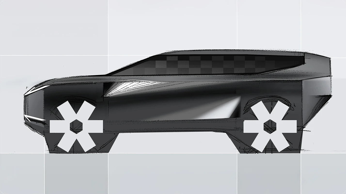 Side-view rendering of a futuristic Kia vehicle on a grid background