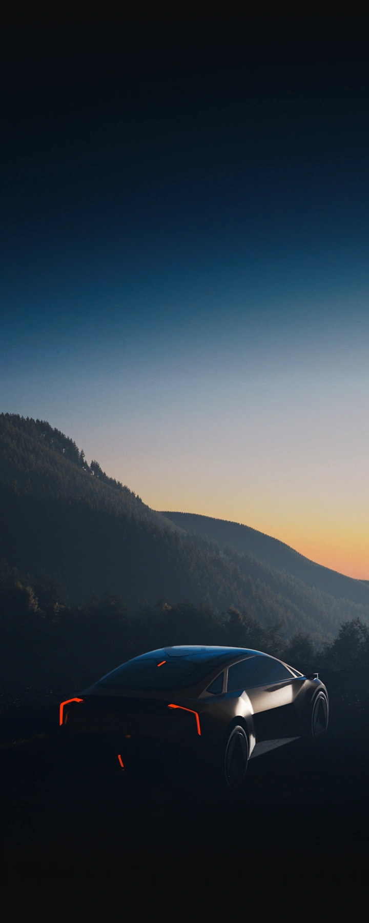 일출을 배경으로 서 있는 비전 메타투리스모의 후면