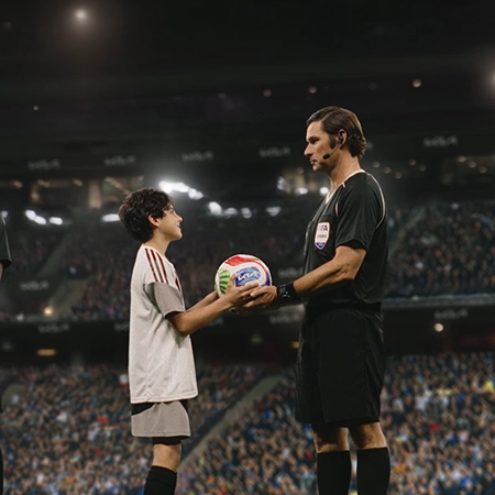 OMBC child receiving the FIFA World Cup 2026 official match ball from a referee