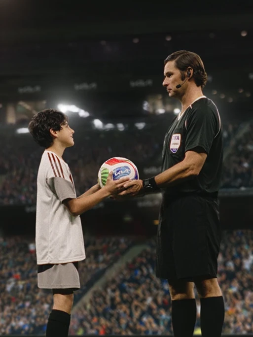 OMBC child receiving the FIFA World Cup 2026 official match ball from a referee