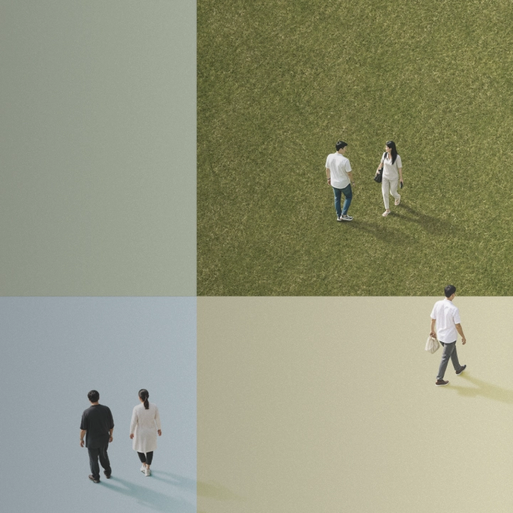 Top-view image of employees walking with olive green, sky blue, and beige graphic color blocks