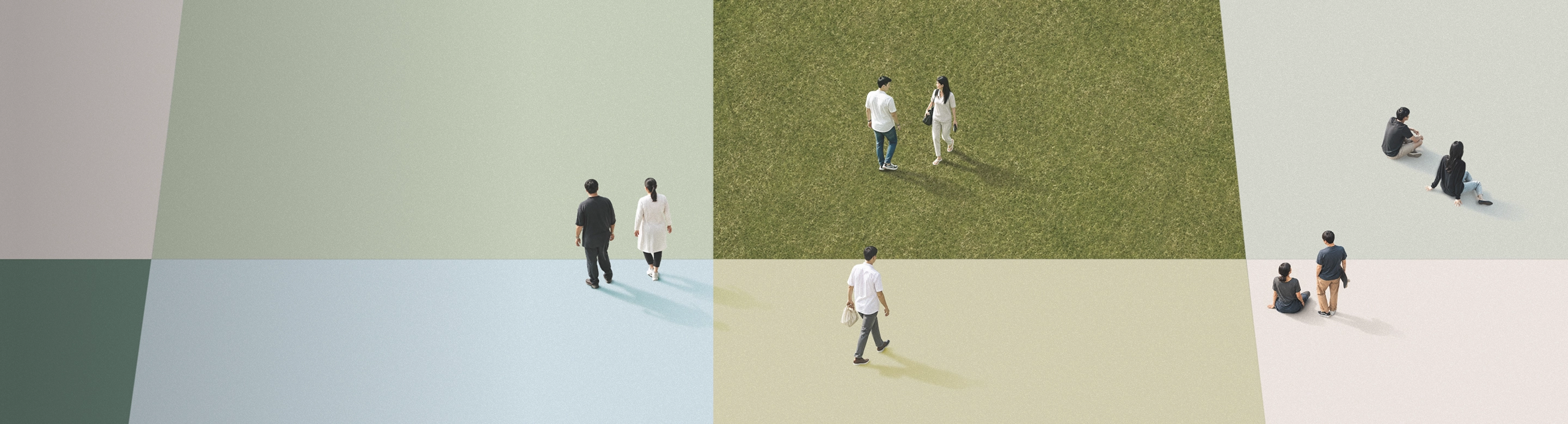 Top-view image of employees walking with olive green, sky blue, and beige graphic color blocks