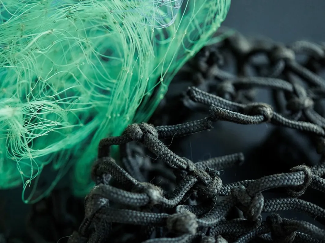 A close-up of marine waste nets and ropes before the recycling process