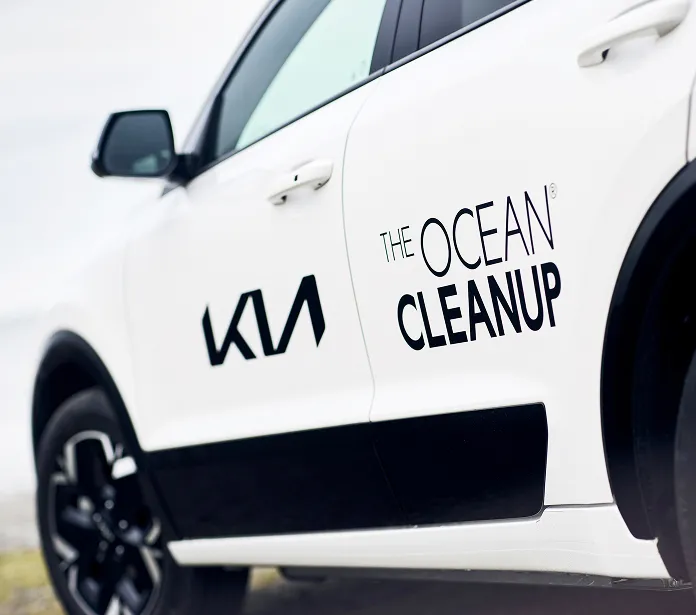 The Kia and The Ocean Cleanup collaboration logo applied on a vehicle side