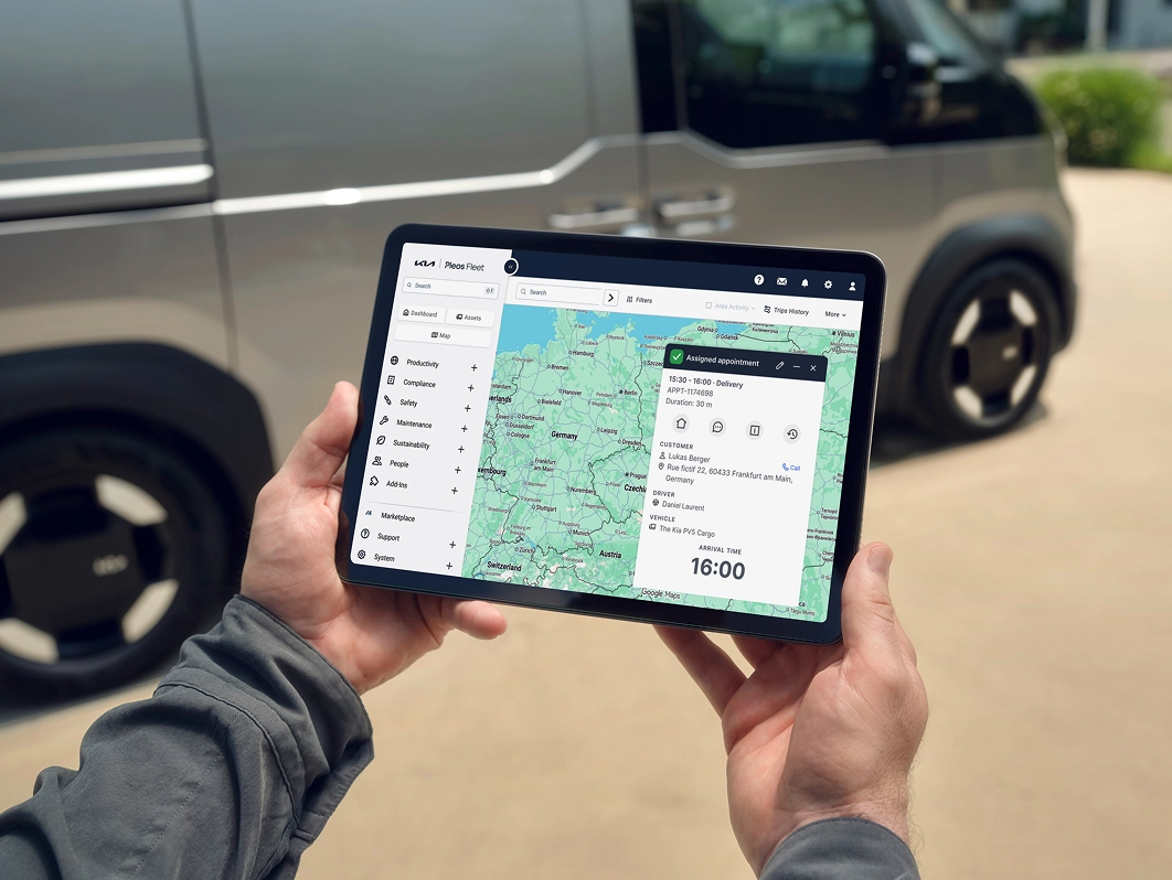 Image of a tablet displaying the Kia PV5 fleet management system